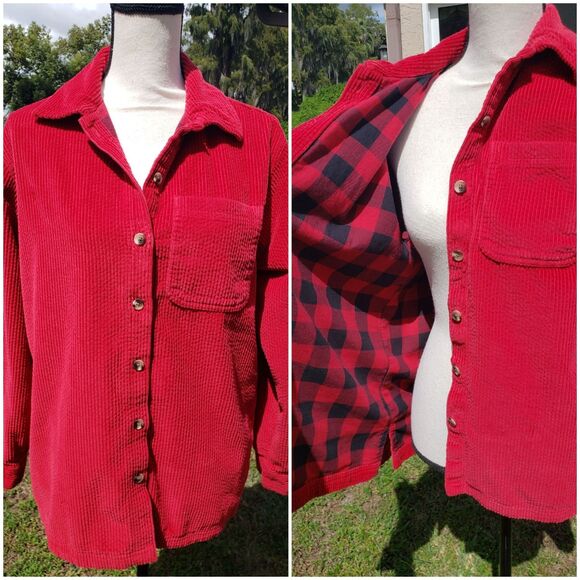 L.L.Bean Tops - LL Bean Womens Red Corduroy Relaxed Tunic Button Up Flannel Lined Shaket Sz Sml